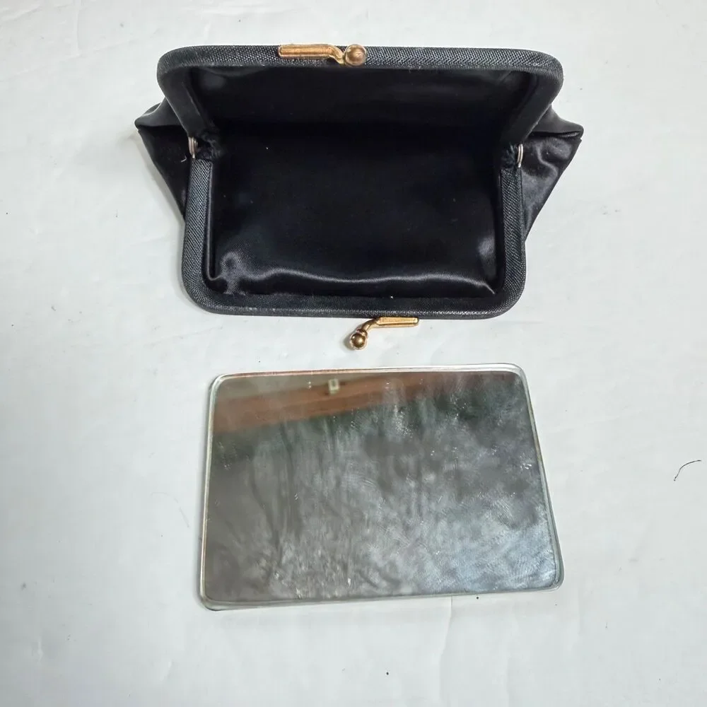 Vintage Morris Moskowitz MM Black Evening Clutch Kiss Lock Purse Mirror Coin Bag